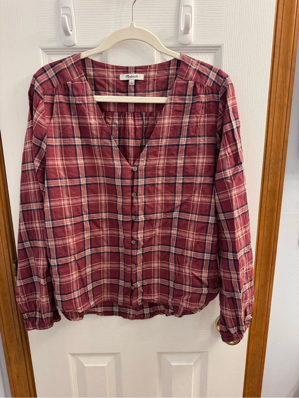 Madewell Red Plaid Button-Down Blouse with Navy Accents